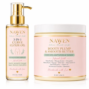 May include: A clear pump bottle of Nawen 3-in-1 Curve Elixir Oil, 4 fl oz, and a white jar of Nawen Booty Plump & Smooth Butter, 8 oz. Both containers feature pink labels with gold text listing ingredients like shea butter, mango butter, and fenugreek.