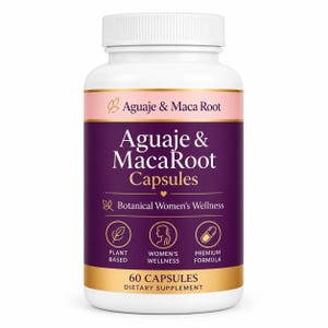 May include: A white plastic bottle of Aguaje & Maca Root capsules with a purple label. The label features the text Aguaje & Maca Root Capsules, Botanical Wellness, and 60 Capsules Dietary Supplement, along with three circular icons for plant based, wellness, and premium formula.