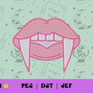 May include: Pink embroidered lips with white fangs, a popular design for Halloween or gothic fashion.