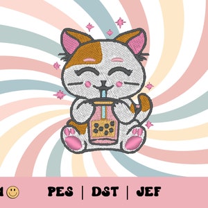 May include: A cute cartoon cat with brown and white fur is sitting and holding a pink cup with brown boba tea. The cat has a happy expression and is surrounded by pink and blue stars. The background is a swirl of pink, blue, and white stripes.