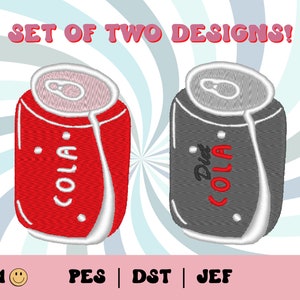 Cola Can Embroidery File Set // Cute Embroidery Design, Diet Soda PES, DST, Jef, Trendy Files for Machine Embroidery, Pop Can, Retro Pop