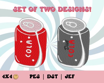 Cola Can Embroidery File Set // Cute Embroidery Design, Diet Soda PES, DST, Jef, Trendy Files for Machine Embroidery, Pop Can, Retro Pop