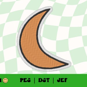 May include: A brown crescent moon embroidery design with a white outline and black stitching. The design is on a green and white checkered background.