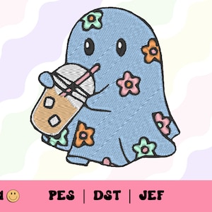 Iced Coffee Ghostie Embroidery File // Iced Coffee Girly Embroidery, Cute Machine Embroidery, PES, DST, Jef, Flowers, Floral Ghost