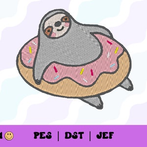 May include: A gray sloth with a pink face is relaxing in a pink and brown donut-shaped pool float. The float has colorful sprinkles on it.