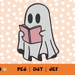 Cute Bookworm Ghost Embroidery File // Book Lover PES, Halloween Machine Embroidery, DST, Ghoul Embroidery, Jef File, Nerdy Ghost