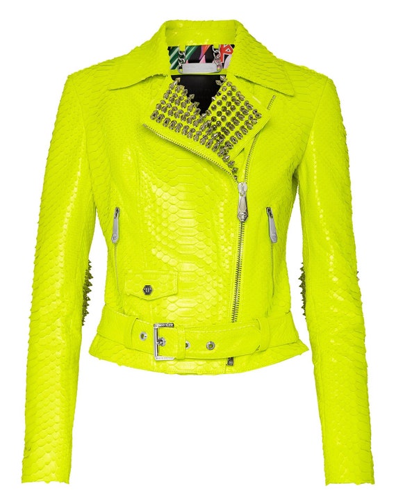 Philipp Plein Python Leather Biker Studs Yellow Jacket