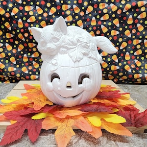 Ceramic Bisque Cat on top of Pumpkin Lamp. Light kit not included.