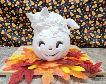 Ceramic Bisque Cat on top of Pumpkin Lamp. Light kit not included.