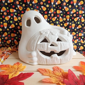 Ceramic Bisque Ghost with Pumpkin Halloween Lamp Light Kit Not Included