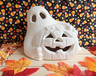 Ceramic Bisque Ghost with Pumpkin Halloween Lamp Light Kit Not Included