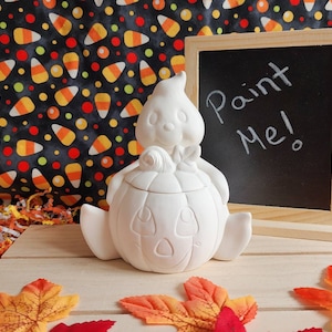 Ceramic Bisque Ghost with Pumpkin Halloween Container Clay Magic