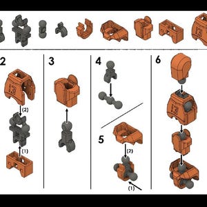 Op de afbeelding: Een stapsgewijze handleiding voor het bouwen van een robot met behulp van oranje en grijze plastic onderdelen. De instructies zijn genummerd van 1 tot en met 7 en tonen de robot die stuk voor stuk in elkaar wordt gezet.