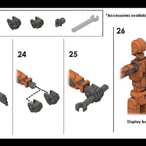 Op de afbeelding: Een stapsgewijze handleiding voor het assembleren van een modelkit. De instructies laten zien hoe je de verschillende onderdelen van het model bevestigt, inclusief de armen, benen en het hoofd. Het model is gemaakt van oranje plastic en heeft een display-basisadapter. De instructies bevatten ook een sleutel en andere kleine onderdelen.