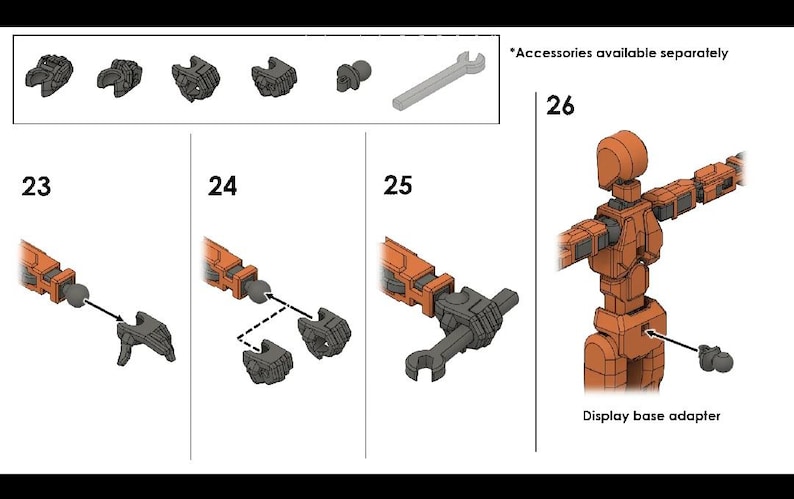Op de afbeelding: Een stapsgewijze handleiding voor het assembleren van een modelkit. De instructies laten zien hoe je de verschillende onderdelen van het model bevestigt, inclusief de armen, benen en het hoofd. Het model is gemaakt van oranje plastic en heeft een display-basisadapter. De instructies bevatten ook een sleutel en andere kleine onderdelen.
