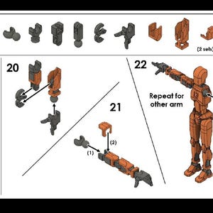 Op de afbeelding: Diagram met instructies voor het assembleren van een robotarm met behulp van verschillende plastic onderdelen. Het diagram bevat genummerde stappen en instructies voor het assembleren van de arm. De robotarm is oranje en grijs.