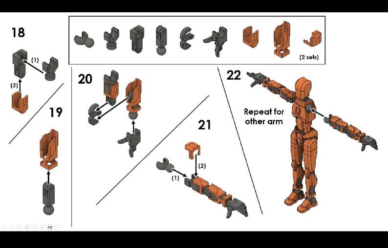 Op de afbeelding: Diagram met instructies voor het assembleren van een robotarm met behulp van verschillende plastic onderdelen. Het diagram bevat genummerde stappen en instructies voor het assembleren van de arm. De robotarm is oranje en grijs.