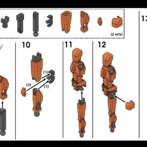 Op de afbeelding: Een stapsgewijze handleiding voor het bouwen van een robot met behulp van Lego-stenen. De instructies laten zien hoe je de benen, romp en kop van de robot in elkaar zet. De laatste afbeelding toont de voltooide robot.