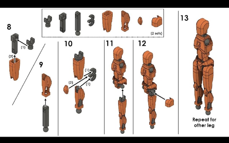Op de afbeelding: Een stapsgewijze handleiding voor het bouwen van een robot met behulp van Lego-stenen. De instructies laten zien hoe je de benen, romp en kop van de robot in elkaar zet. De laatste afbeelding toont de voltooide robot.