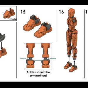 Op de afbeelding: Een stapsgewijze handleiding voor het bouwen van een robot met oranje en zwarte plastic onderdelen. De instructies bevatten genummerde stappen en diagrammen die laten zien hoe je de benen, romp en kop van de robot in elkaar zet. De tekst "Enkels moeten symmetrisch zijn" is opgenomen in de instructies.