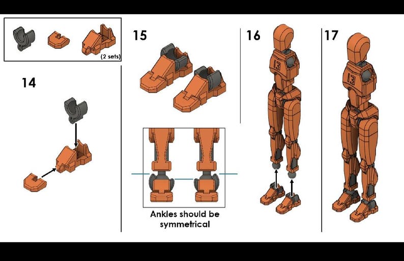 Op de afbeelding: Een stapsgewijze handleiding voor het bouwen van een robot met oranje en zwarte plastic onderdelen. De instructies bevatten genummerde stappen en diagrammen die laten zien hoe je de benen, romp en kop van de robot in elkaar zet. De tekst "Enkels moeten symmetrisch zijn" is opgenomen in de instructies.