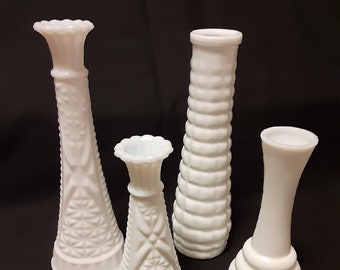 Vintage White Bud Vase Set-Milk Glass Flower Bud Vases Gift for Her-4 Milk Glass Flower Vases-Milk Glass Centerpiece Vases Wedding Decor