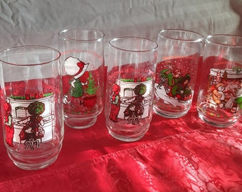 Vintage Holly Hobbie Coca Cola Christmas Glasses Tumblers-Mixed Set of 5, Coca-Cola Holly Hobbie Christmas 16 oz., 1970's Holiday Glassware