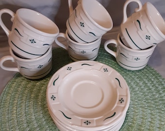 Vintage Longaberger Woven Traditions Green Pottery-Set of 6-Longaberger Woven Traditions Heritage Green Teacup Saucer-Longaberger Coffee Cup