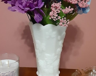 Vintage White Milk Glass Vase: Grape & Leaf Design, Scalloped Rim