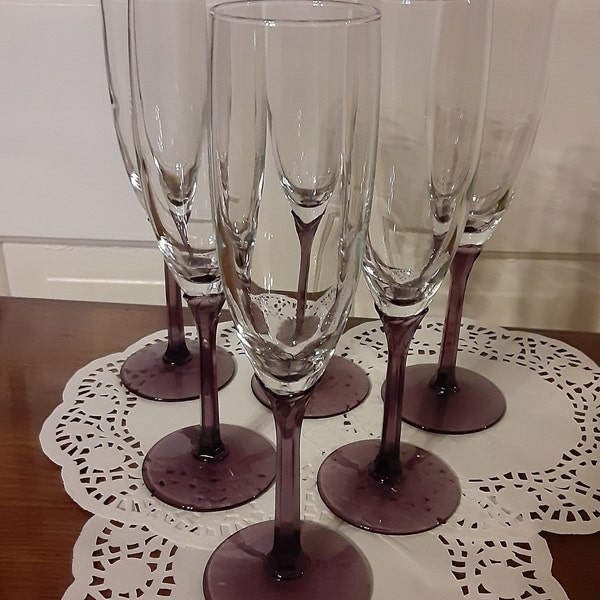 Purple Fluted Champagne Glasses-Libbey Domaine Amethyst Purple Stemmed Petal Champagne Flutes-Fluted Purple Champagne Blown Glass Stemware