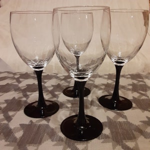 Luminarc France Black Stem Wine Glasses-Large Black Stem 8 oz Wine Glasses-Set of 4-Black Wedding Stemware-1980s Art Deco Gothic Stemware