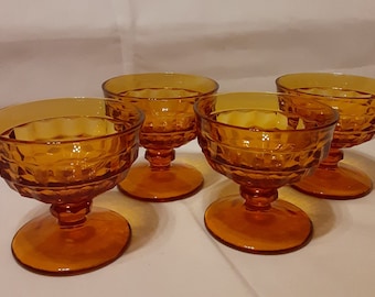 AMBER Indiana Glass WHITEHALL Cubist Champagne Coupe Glasses, Set of 4-Amber Champagne Coupe Glasses-Amber Gold Glass Footed Dessert Cups