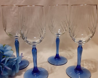 Vintage Lenox Wine Glasses-Royal Blue Stem Crystal Wine Glasses with Gold Trim & Cobalt Swag Draped Pattern, Set of 4-Blue Stemmed Barware