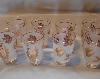 MCM Libbey Frosted Gold Leaf Pattern Cocktail Glasses- Set of 8 Vintage Libbey Juice Glasses- Libbey Barware-Libbey Drinkware Set of 8