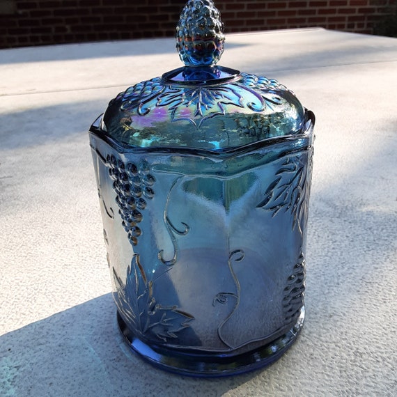 Indiana Blue Carnival Glass Biscuit Jar-blue Iridescent Carnival Glass  Candy Jar-indiana Blue Harvest Grape Carnival Glass Covered Canister 