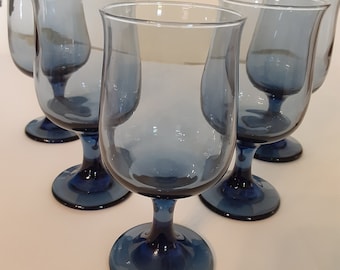 Vintage Blue Stemmed Wine Glasses-Libbey Smokey Blue Wine Goblets-Tulip Dusky Blue Wine Goblets-Smokey Blue Wine Water Goblets-Set of 5