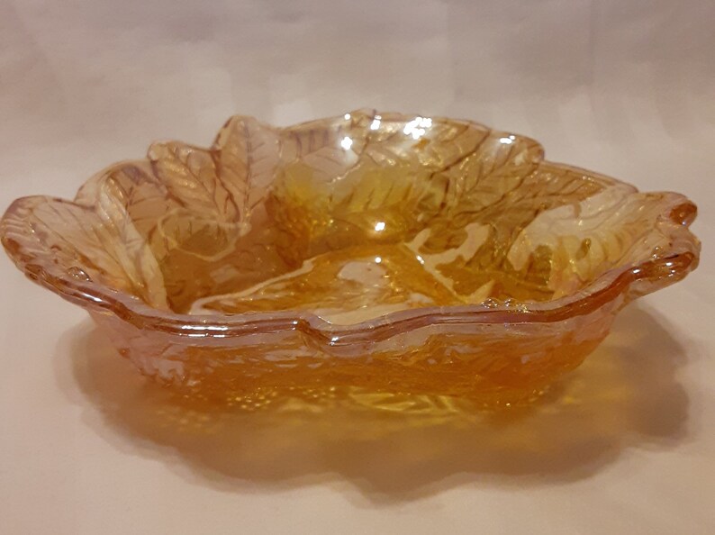 Mid Century Marigold Leaf Carnival Glass Candy Dishamber Etsy
