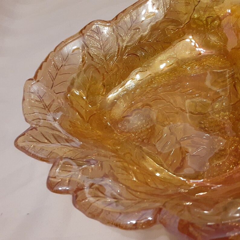 Mid Century Marigold Leaf Carnival Glass Candy Dishamber Etsy