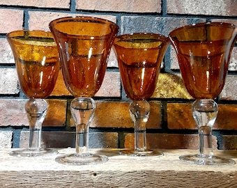 Vintage Amber Wine/Water Goblets Set of 4, Golden Bubble Art Wine Glass, Artland Iris Wine Goblets, Amber Hand-Blown Stemmed Glasses