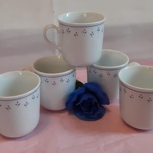 Vintage Corelle Corning Ware Cups/Mugs-Corelle Normandy Pattern Coffee Cups-Set of 5 1990s Corelle-White Folk Art with Small Blue Flowers