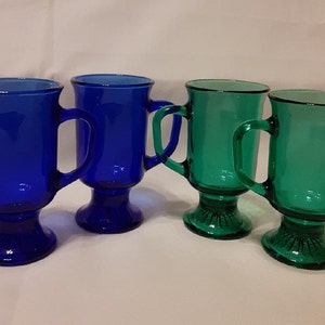 Anchor Hocking Footed Egg Nog Coffee Mugs-Cobalt Blue Glass Irish Coffee Mugs -Juniper Green Footed Glass Coffee Mugs-1960s Footed Glass Mug