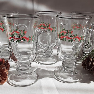Vintage Holiday Irish Coffee Mug-Libbey Christmas Holly Berry Pedestal Mugs-5 Holiday Glass Footed Eggnog Mugs-Vintage Christmas Barware