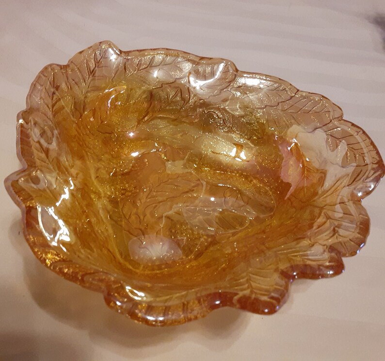 Mid Century Marigold Leaf Carnival Glass Candy Dishamber Etsy