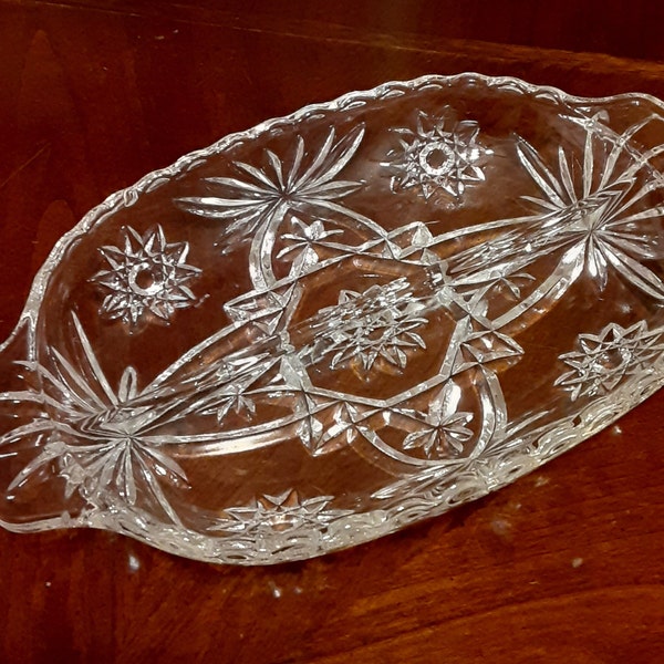 Vintage Clear Glass Relish Tray-Anchor Hocking Early American Prescut Divided Relish Dish-EAP Star of David Oval-Thanksgiving Christmas Dish
