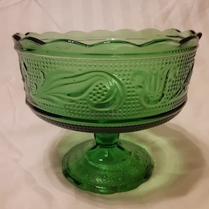 Vintage E.O. Brody Emerald Green Pedestal Glass Candy Dish, Pennsylvania Dutch Pattern, Vintage Green Compote Dish, MCM Decor, Gift for Her