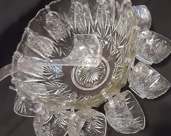 Vintage Clear Glass Punch Bowl Set-1950s Hazel Atlas Williamsport Square Pressed Glass Punch Bowl-Retro Punch Bowl 12 Glasses Hooks Ladle