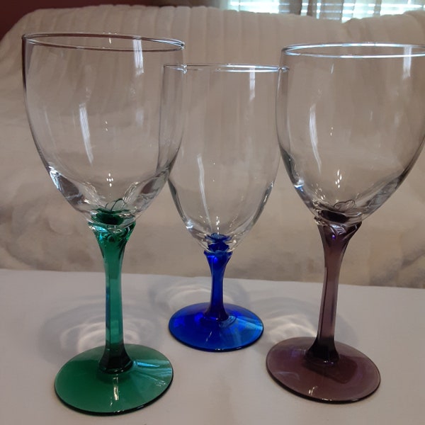 Libbey Domaine Wine Glasses-Libbey Blue Green Amethyst Stem Wine Goblets-Tulip Stem Wine Glasses-Multicolor Stem Wine Glasses-Gift for Her