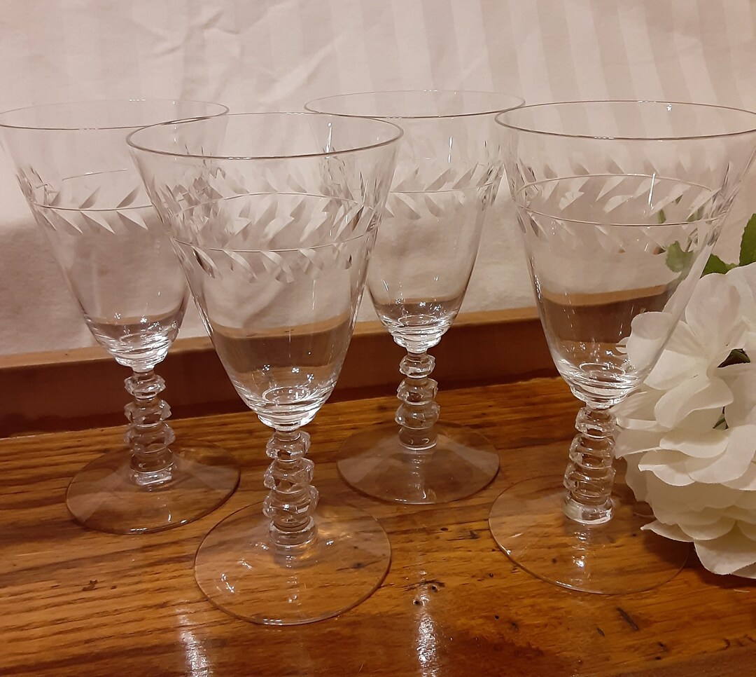 Tiffin Laurel Leaf Cut Glass Crystal Wine Goblets 4crystal Etched Mid