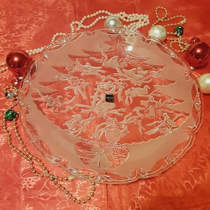 Vintage Mikasa Germany Crystal Holiday Serving Platter, Mikasa Embossed and Frosted Crystal 15&quot; Serving Platter, Holiday Scene Serving Plate