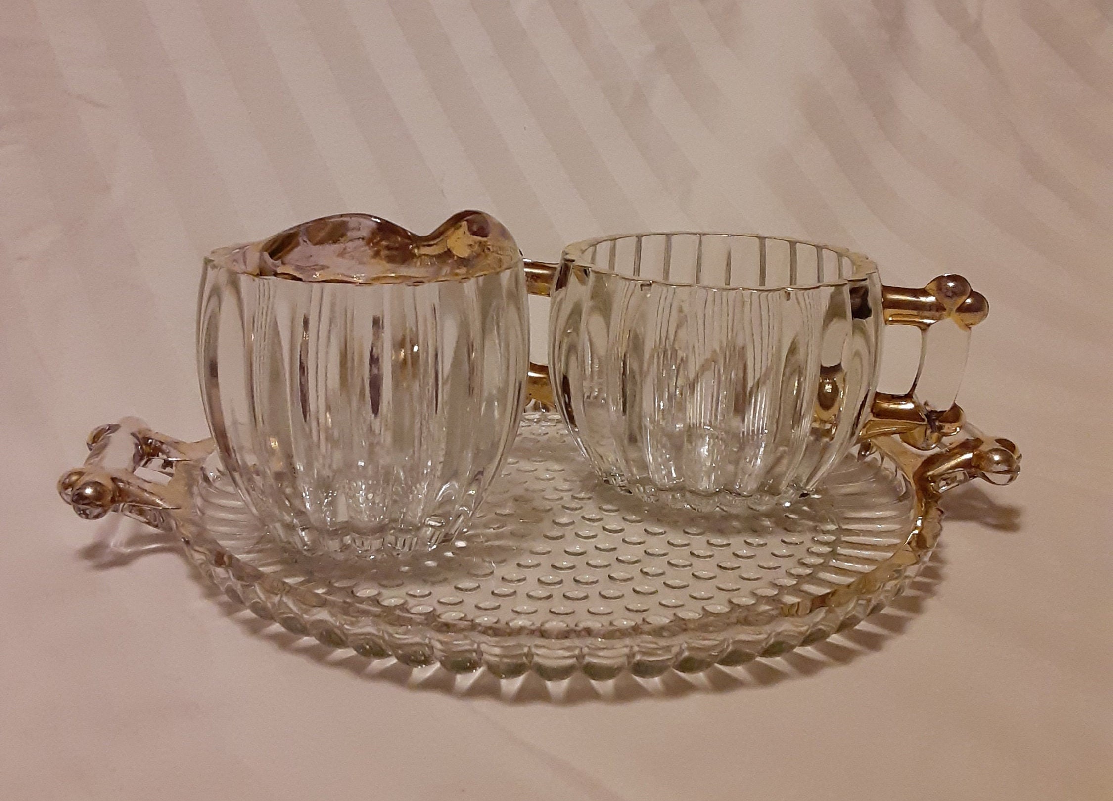 Vintage Glass Gold Trimmed Cream and Sugar Set With Tray Etsy